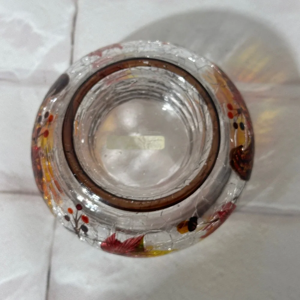 Fall Pumpkin Leaves Hand Painted Crackle Glass Votive Candle Holder Autumn Decor